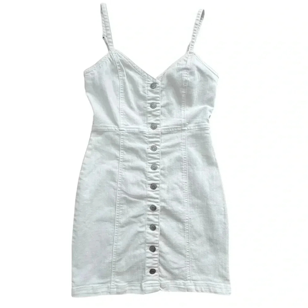 White Button-Front Denim Mini Dress adjustable length bridal bride bachelorette